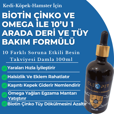 10'u 1 Arada Biotin Çinko Omega Damla 100ml - Tüy Dökülmesi Karşıtı-Kedi Köpek