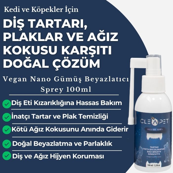 Diş Tartarı, Plaklar ve Ağız Kokusu Karşıtı Nano Gümüş Sprey 100ml-Kedi Köpek